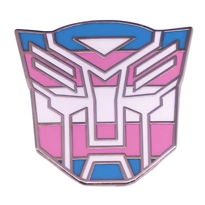 Funny trans pride transformer badge. Trans pride flag brooch, enamel pin. Robots in disguise