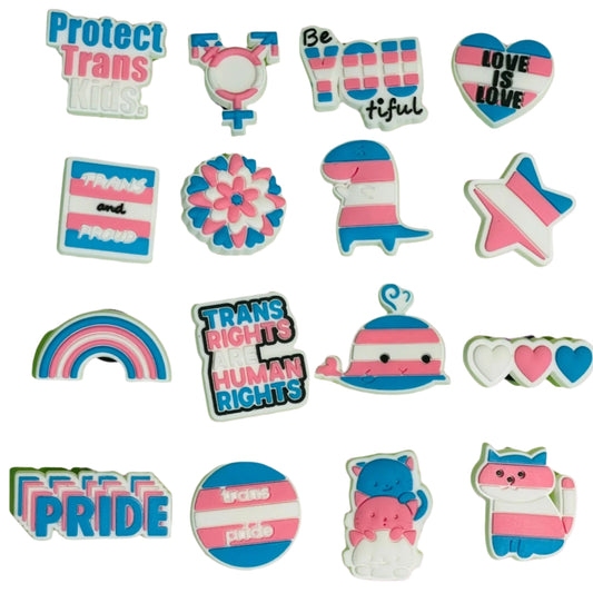 Trans Pride Shoe Charms—16 vibrant designs featuring transgender pride flags, hearts, animals, and blue, pink, and white symbols. Show your support for Trans Rights are Human Rights and LGBTQ+ pride with every step you take!.