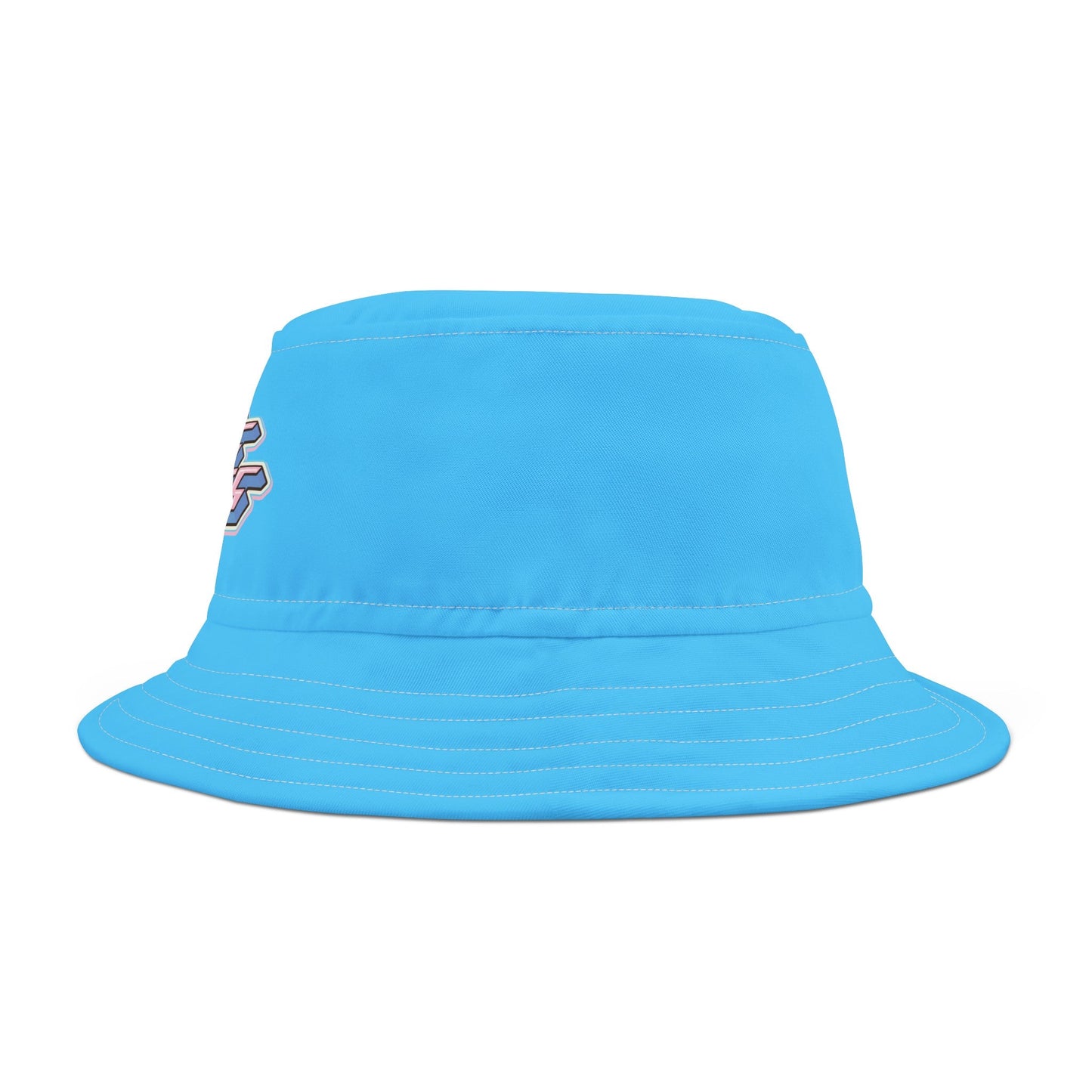 The Trans Rights Blue Bucket Hat is an adorable blue accessory adorned with a stylized graphic illustration. It features the bold, retro-inspired text "TRANS RIGHTS" in shades of pink, white, and blue (the trans flag) on a white background, accented with pink and blue sparkles. Crafted from practical polyester, it's both stylish and functional.