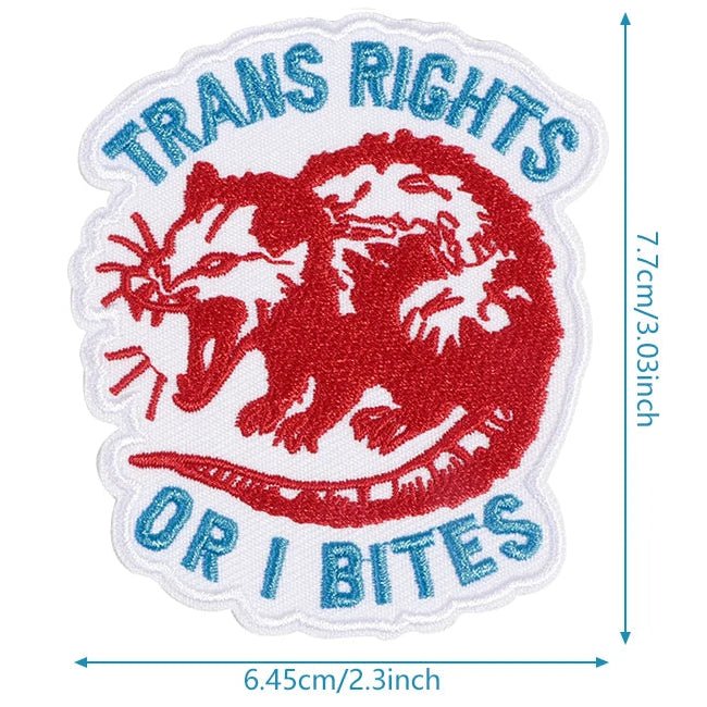 Patch with 'Trans Rights or I Bites' text and a red and blue design, with product size measurement details.