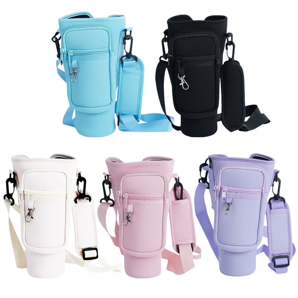 Carry your essentials with style using the stanley cup Water Bottle Carrier Bag sling for 40oz Stanley Cup. Available in blue, black, white, pink, and lavender purple, it features an adjustable strap, phone pocket, and keychain clip for convenience.