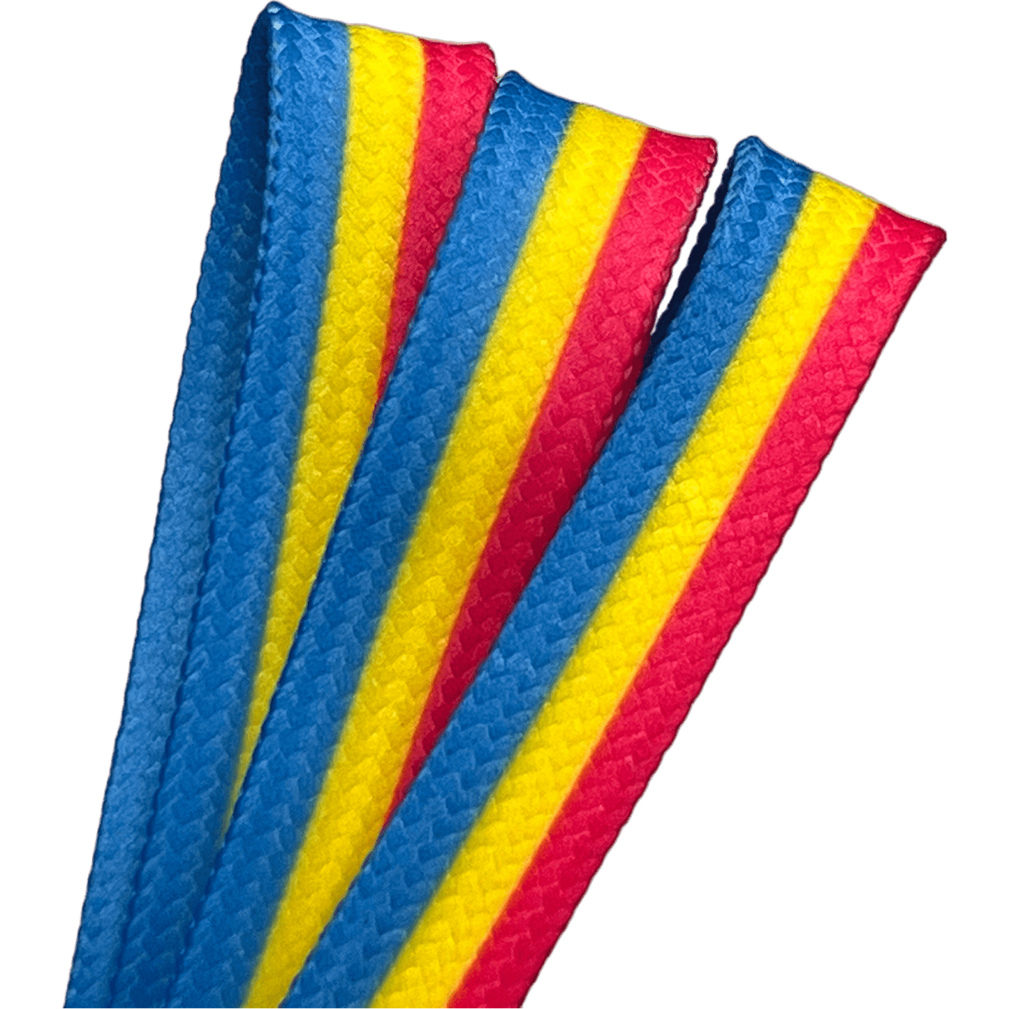Three flat Waxed Skate Laces featuring the Rainbow, Non-Binary, and Pansexual pride flags, with vibrant stripes side by side on a transparent background, crafted from durable fibers for lasting wear.
