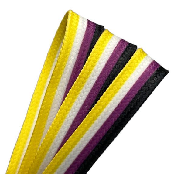 Four Waxed Skate Laces—Trans, Rainbow, Non-Binary, Pansexual, Bisexual & Lesbian pride flags—are laid side by side on a plain white background. Each features durable fibers and stripes in yellow, white, purple, and black running lengthwise.