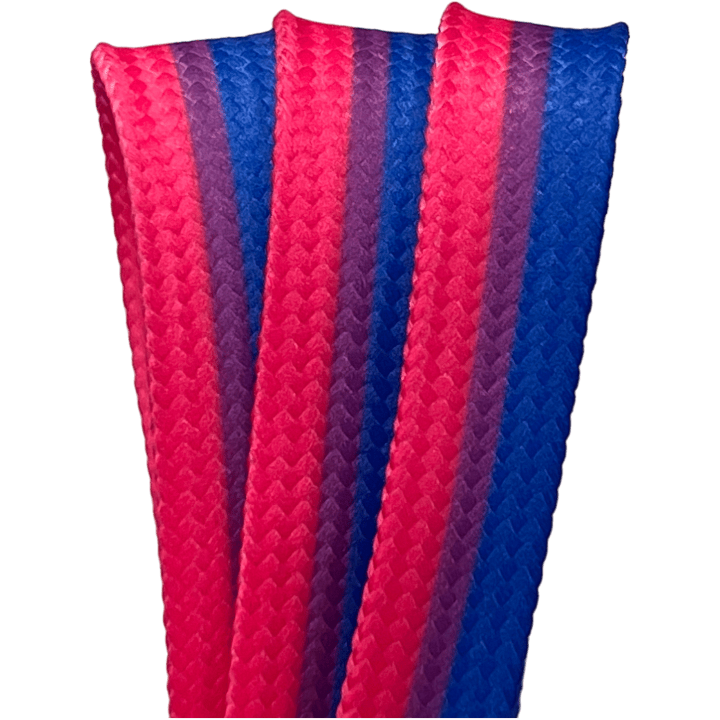 Three strands of Waxed Skate Laces, representing Rainbow, Non-Binary, and Lesbian pride flags, are displayed against a plain background with gradient colors transitioning from bright pink to deep blue.