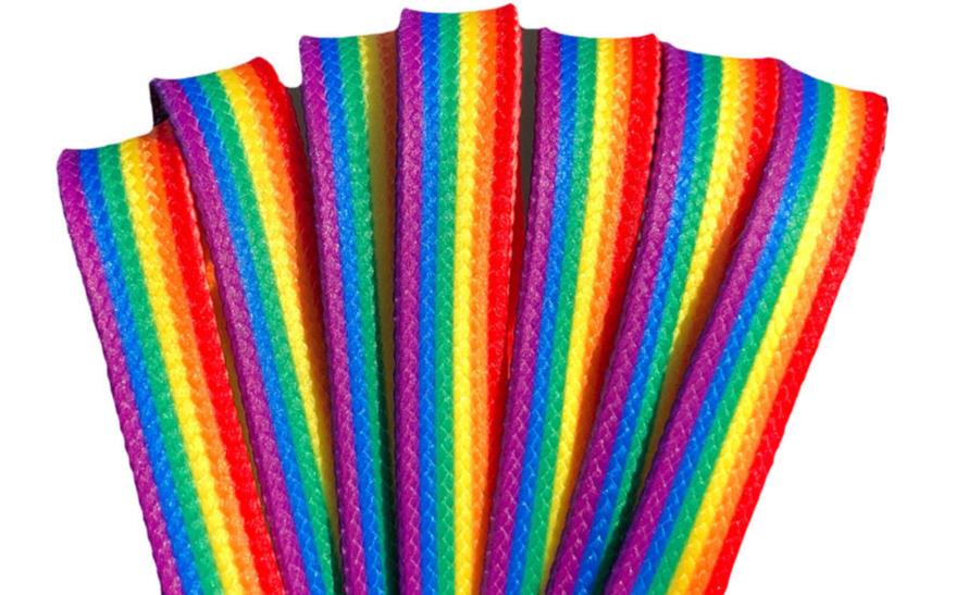 Waxed Skate Laces in rainbow, non-binary, pansexual, bisexual & lesbian pride flag styles are arranged in a fan shape, their textured surfaces resembling durable fibers and displaying vibrant stripes for a bold look.