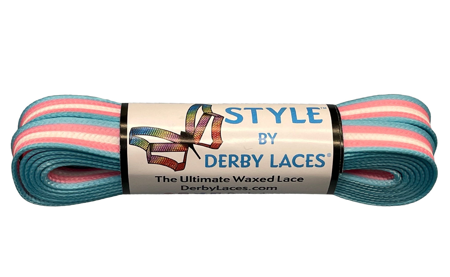 A bundle of Waxed Skate Laces featuring stripes in blue, pink, and white from the Non-Binary Pride flag, made with durable fibers and packed with a butterfly label that reads “STYLE BY DERBY LACES The Ultimate Waxed Lace.”.