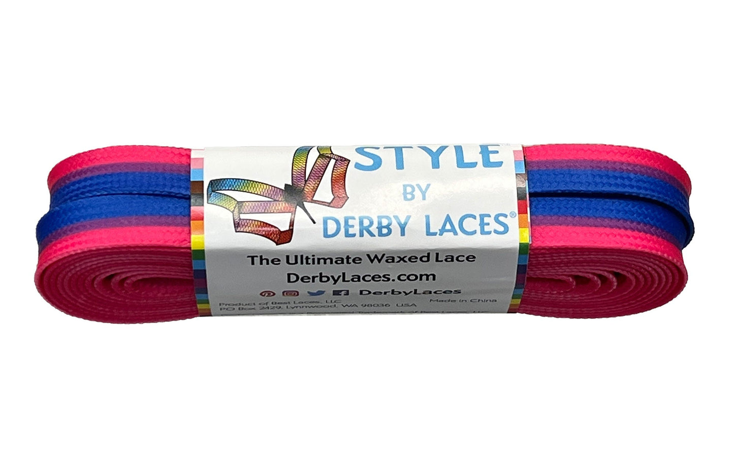 A set of durable waxed skate laces inspired by Rainbow, Non-Binary, Pansexual, Bisexual & Lesbian pride flags, featuring "STYLE BY DERBY LACES®" and "The Ultimate Waxed Lace" labels with colorful butterfly graphics.