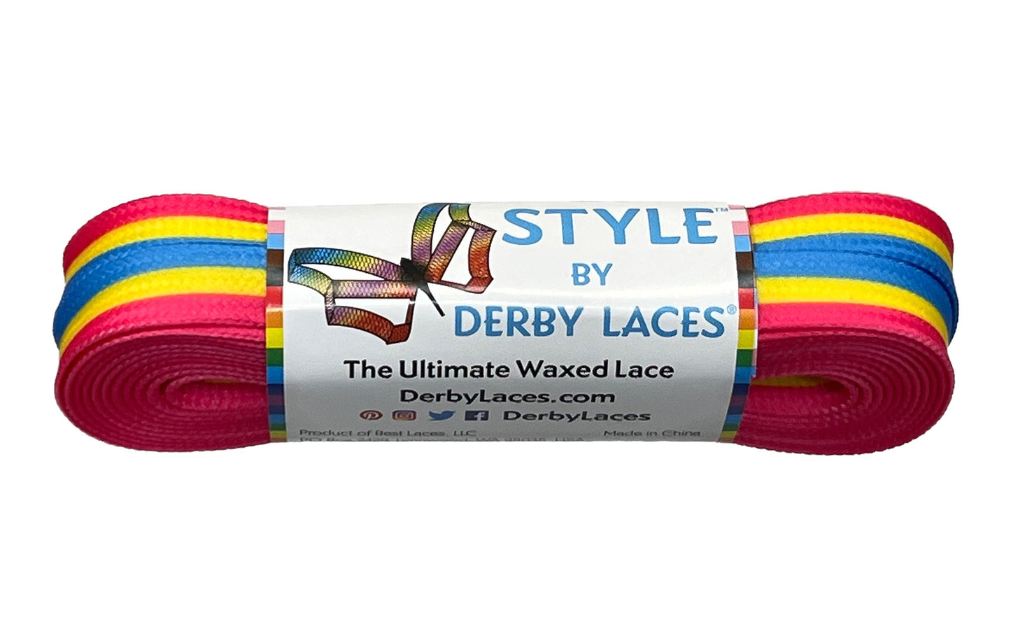 A bundle of Waxed Skate Laces featuring Non-Binary flag stripes in pink, yellow, blue, and black, crafted from durable fibers and wrapped with a label showing the brand name and website.