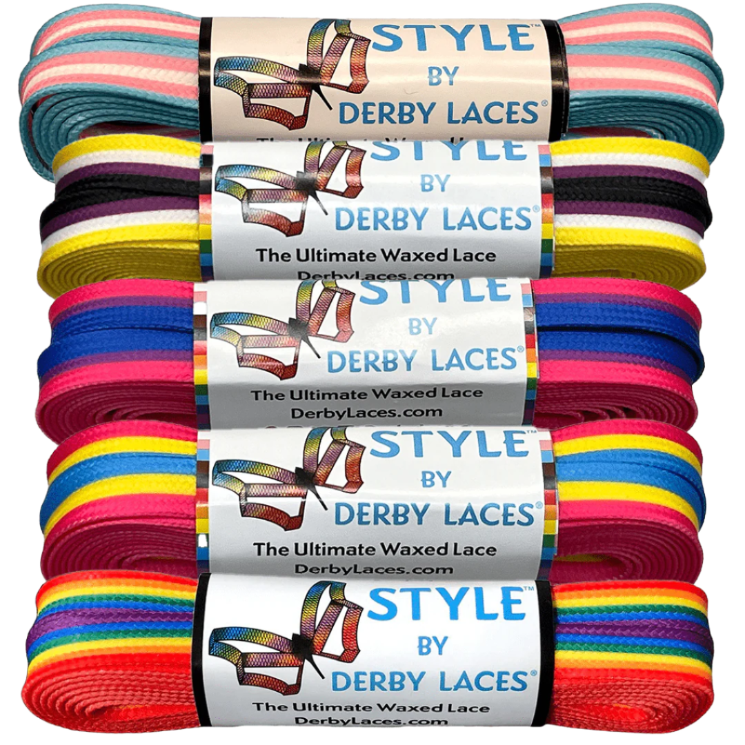 Four bundles of "Waxed Skate Laces" featuring Trans, Rainbow, Non-Binary, Pansexual, Bisexual & Lesbian pride flag designs are stacked vertically. Each vibrant and durable lace is branded as "The Ultimate Waxed Lace.