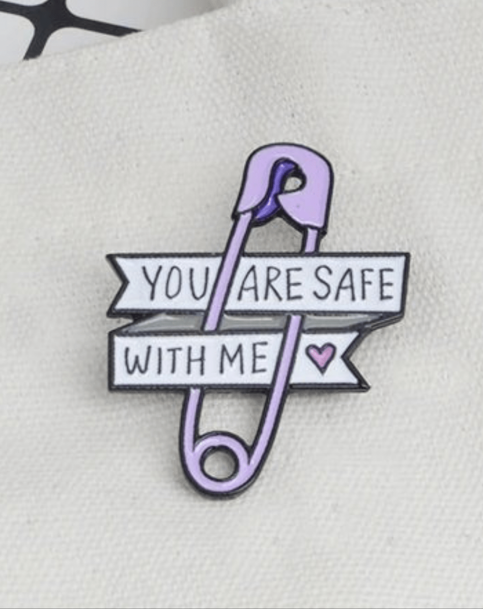 You Are Safe With Me purple safety pin badge