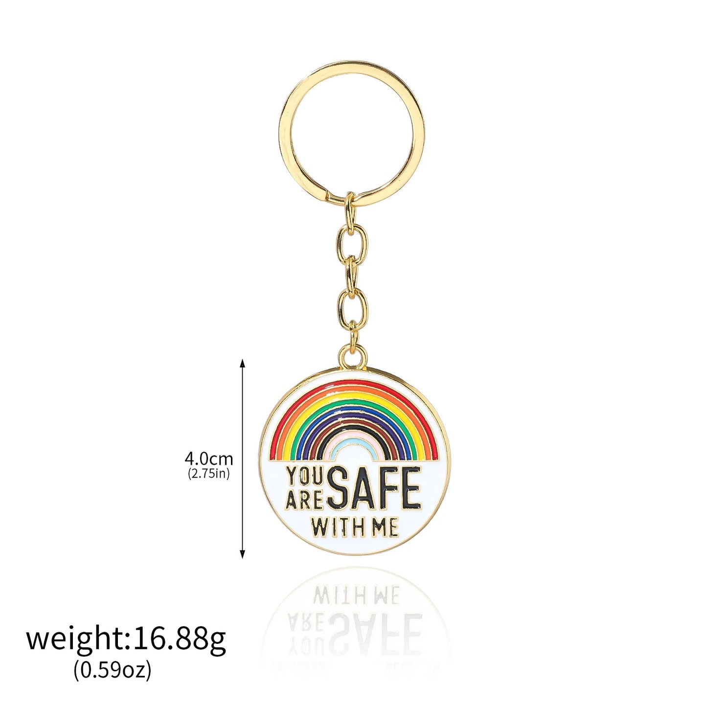 The "You Are Safe With Me" keychain features a gold round pendant with a rainbow and the words "YOU ARE SAFE WITH ME." Pendant is 4.0 cm tall, weighs 16.88g (0.59oz), and is perfect for pride badge collectors or allies.