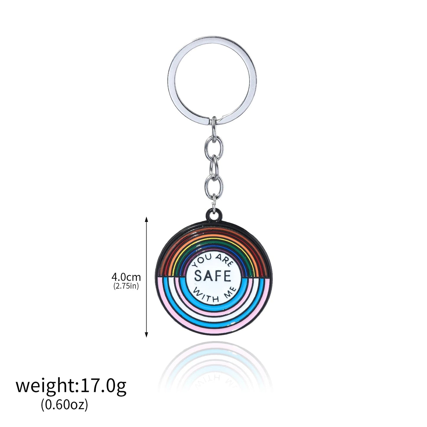 The "You Are Safe With Me" key ring features colorful rainbow and trans pride rings with the message in the center. It measures 4.0 cm (2.75 in) across and weighs 17 g—perfect for showing your allyship and celebrating pride every day.
