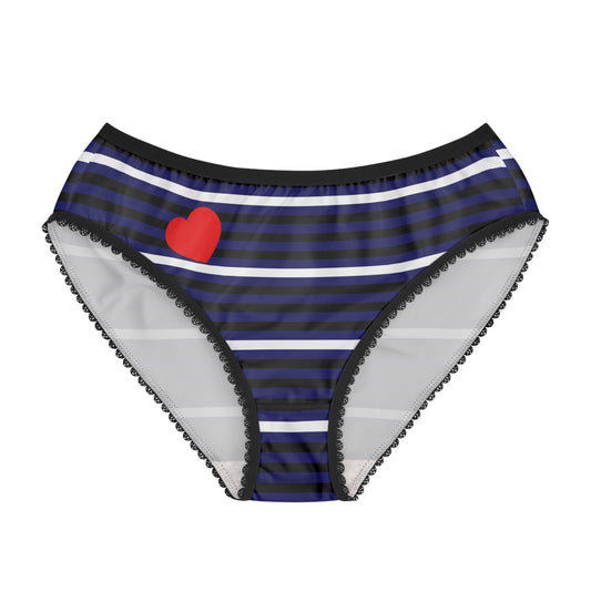 Introducing the Leather Pride Briefs by Printify—an original design of women's underwear in navy blue and black stripes, accented with a small red heart on the left side. These briefs feature black lace trim along the edges, highlighting their distinct charm. Proudly produced by a trans-owned business, they are a celebration of diversity and individuality.