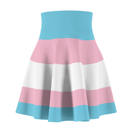 The Transgender Pride Flag Skater Skirt by Printify is a vibrant piece of LGBTQ+ clothing that features a flared design with horizontal stripes in blue, pink, and white, reflecting the colors of the trans pride flag. The skirt's waistband and hem are light blue, complemented by alternating pink and white stripes in between.