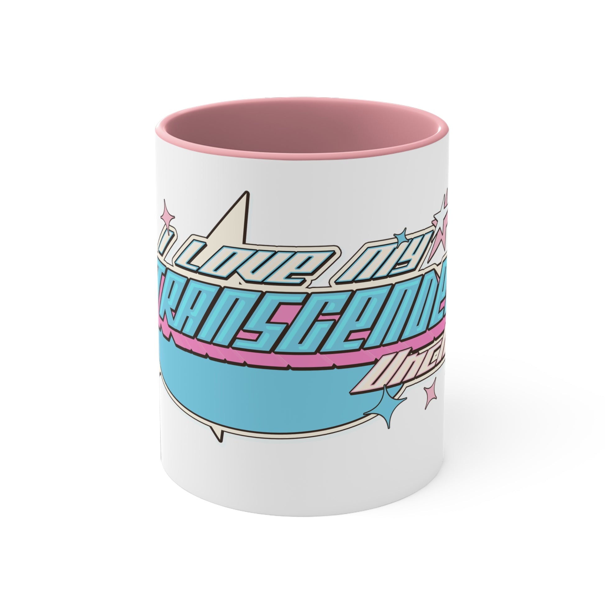 The "I Love My Transgender Uncle" original design accent mug by Printify is a white ceramic mug with a blue interior, showcasing an eye-catching design in cyan, pink, and white retro-style text that reads "Love My Transgender Uncle." It features star-shaped accents and a background with complementary colors.