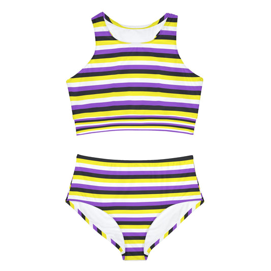 The Non-Binary Pride Flag Sporty Swim or Activewear Set by Printify features a two-piece design with a sleeveless crop top and high-waisted bottoms adorned with horizontal stripes in black, purple, yellow, and white. This stylish piece showcases the colors of the Non-binary Pride Flag and offers 4-way stretch for maximum comfort.