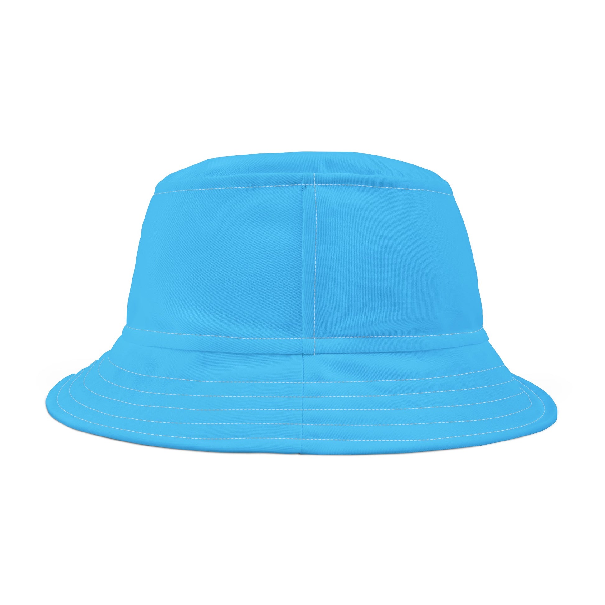 The Trans Rights Blue Bucket Hat is an adorable blue accessory adorned with a stylized graphic illustration. It features the bold, retro-inspired text "TRANS RIGHTS" in shades of pink, white, and blue (the trans flag) on a white  background, accented with pink and blue sparkles. Crafted from practical polyester, it's both stylish and functional.