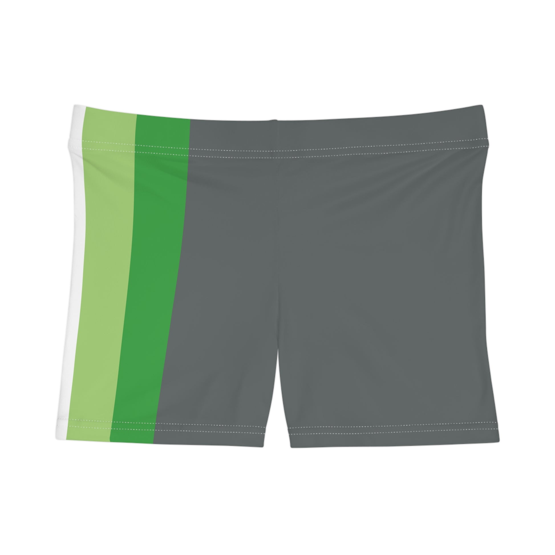 A person is shown from the side wearing Printify's Aromantic Pride Flag Short Shorts, featuring vertical stripes in black, gray, white, green, and dark green. The unisex activewear shorts fit snugly, with the person's hand relaxed by their side against a white background.