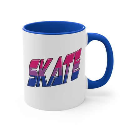 The Printify SKATE bisexual pride flag accent mug features a white base with a blue handle and vibrant interior. It proudly displays the word "SKATE" in bold, stylized gradient lettering, transitioning from pink at the top to blue at the bottom, creating an eye-catching contrast that evokes a sense of movement and energy.