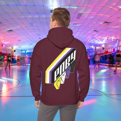 A person wearing the high-quality Printify ENBY Heart Hoodie, a unisex heavy blend hooded sweatshirt, with its colorful geometric nonbinary flag designs on the back, stands in a retro-style roller skating rink. The background features neon lights, blurred skaters, and a vibrant atmosphere.