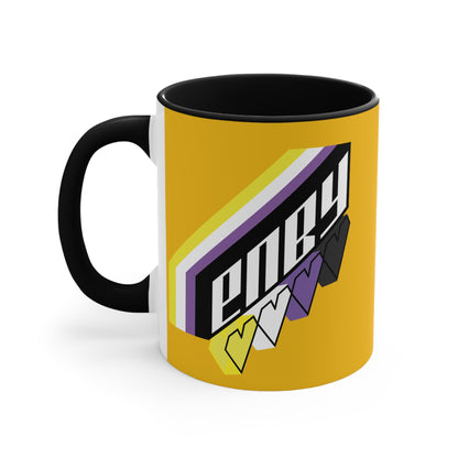 Presenting the Printify ENBY non-binary pride flag colors accent mug, a white ceramic coffee mug with a black handle and vibrant interior. It proudly features the word "enby" in bold, retro-style letters. Below "enby," three heart shapes in yellow, white, and purple celebrate non-binary pride.