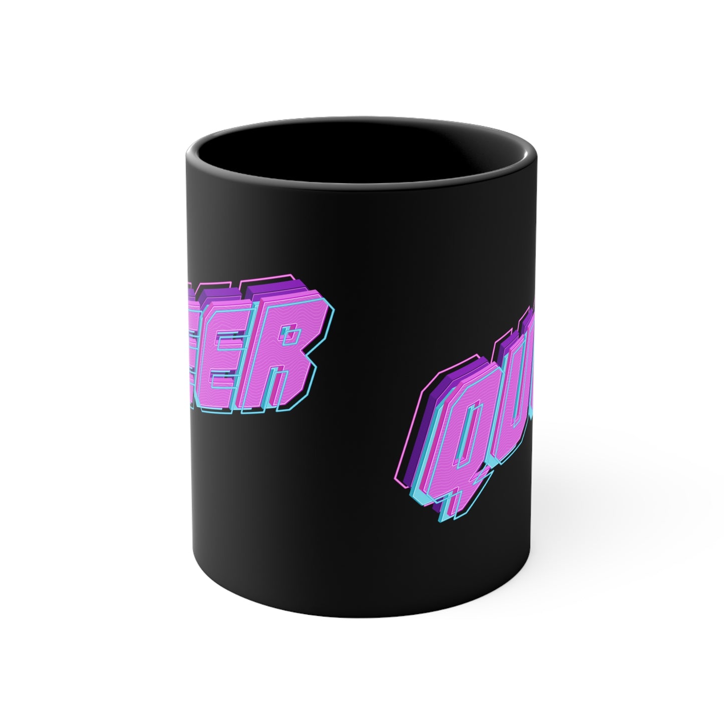 Introducing the "QUEER vibrant neon text - colourful accent mug" by Printify: a striking black mug with "QUEER" boldly displayed in vibrant neon purple and blue 3D letters, set against the dark background. The captivating design features partially visible text on the left side due to the angle of the image.