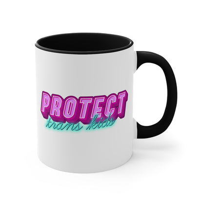 The Protect Trans Kids colourful accent mug by Printify is a white ceramic mug with a black handle and inner rim. It features a vibrant design that says "PROTECT trans kids" in bold, gradient lettering. The word "PROTECT" is in pink and purple, while "trans kids" is in teal, showcasing transgender pride.