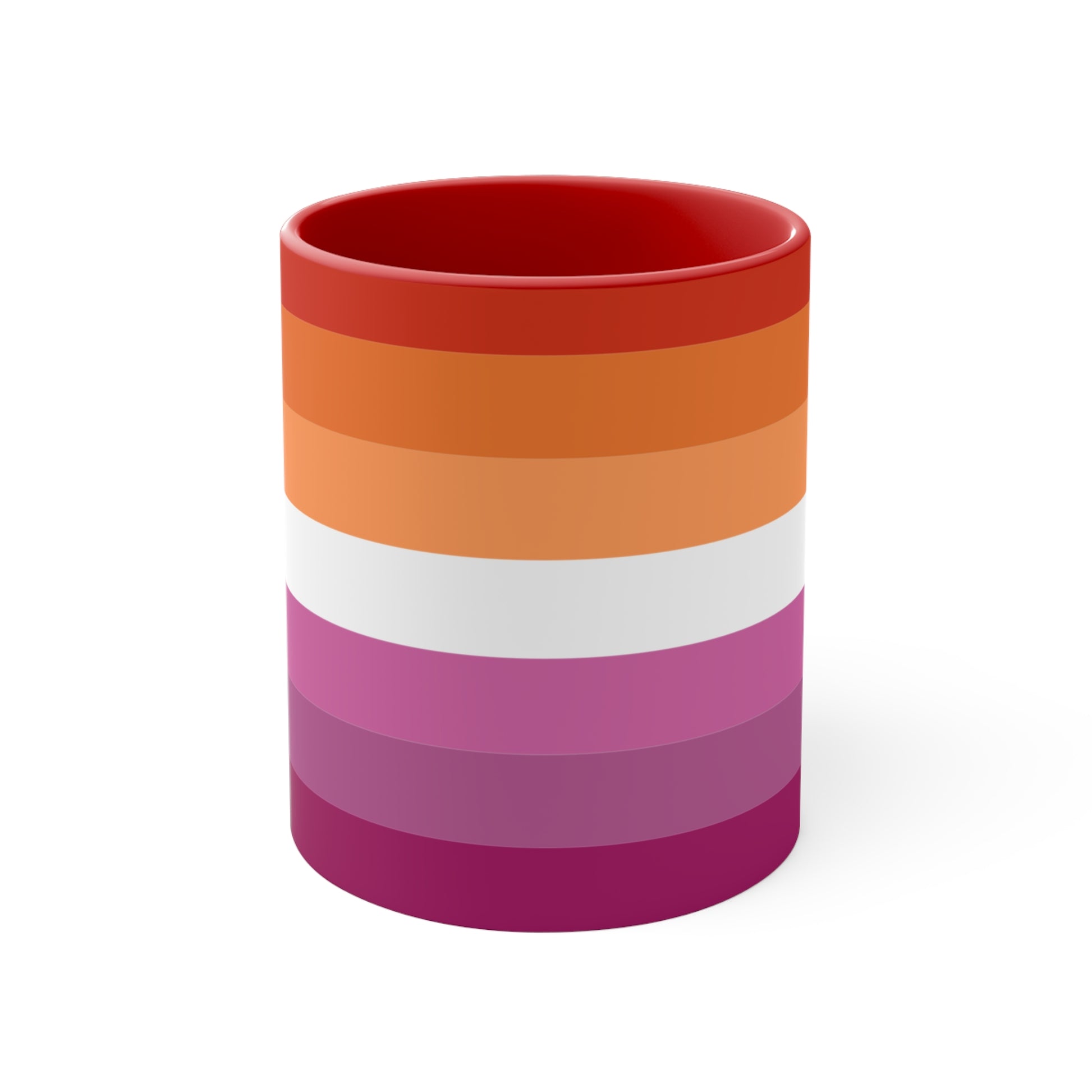 The Lesbian pride flag colorful accent mug by Printify features a vibrant design with horizontal stripes in varying shades of orange, pink, and purple. It has a red handle and colorful interior that create an eye-catching contrast against the plain white background.