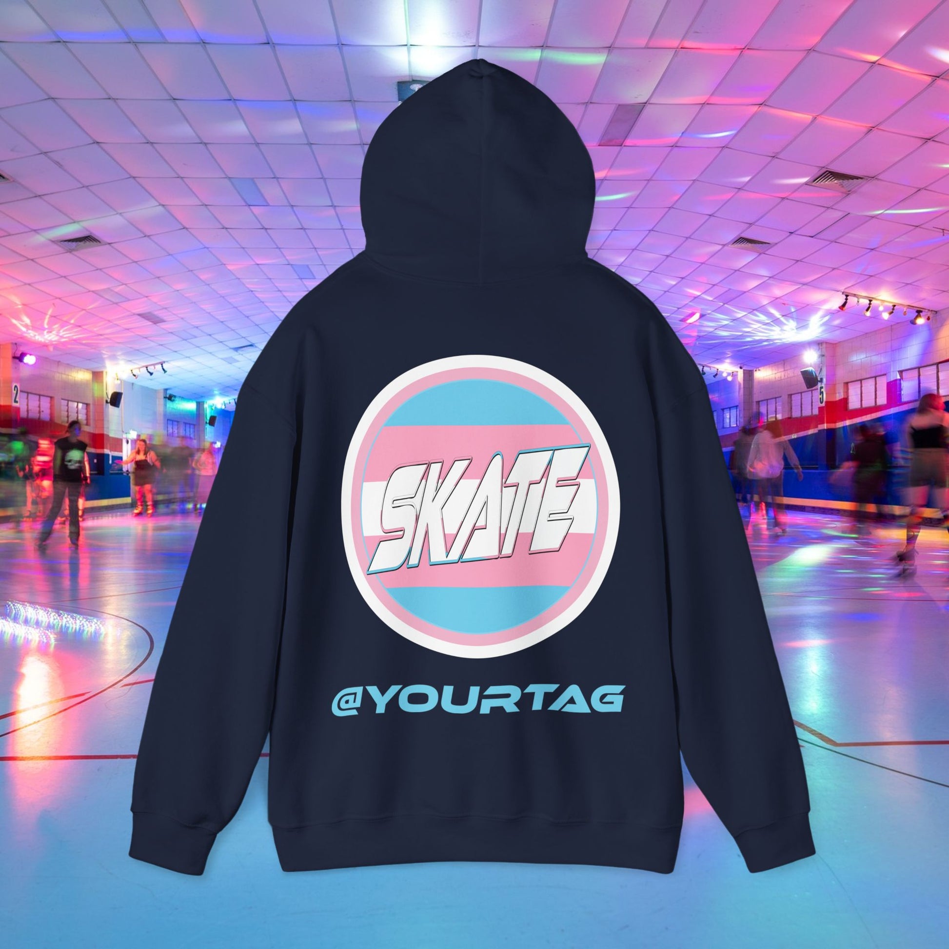 Original design trans skater hoodie with trans flag.  Back of hoodie with personalised name added