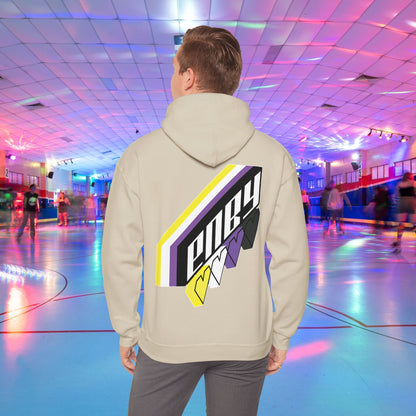 A person wearing the high-quality Printify ENBY Heart Hoodie, a unisex heavy blend hooded sweatshirt, with its colorful geometric nonbinary flag designs on the back, stands in a retro-style roller skating rink. The background features neon lights, blurred skaters, and a vibrant atmosphere.