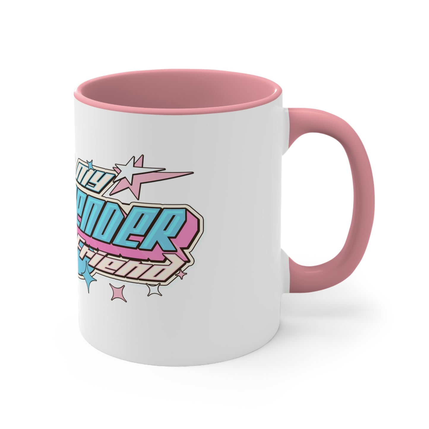 The "I Love My Transgender Friend" original design accent mug by Printify is a white mug with a vibrant blue interior. It showcases a colorful retro design and bold text that reads "I love my transgender friend," adorned with pink, blue, and white stars. This mug is perfect for anyone special.