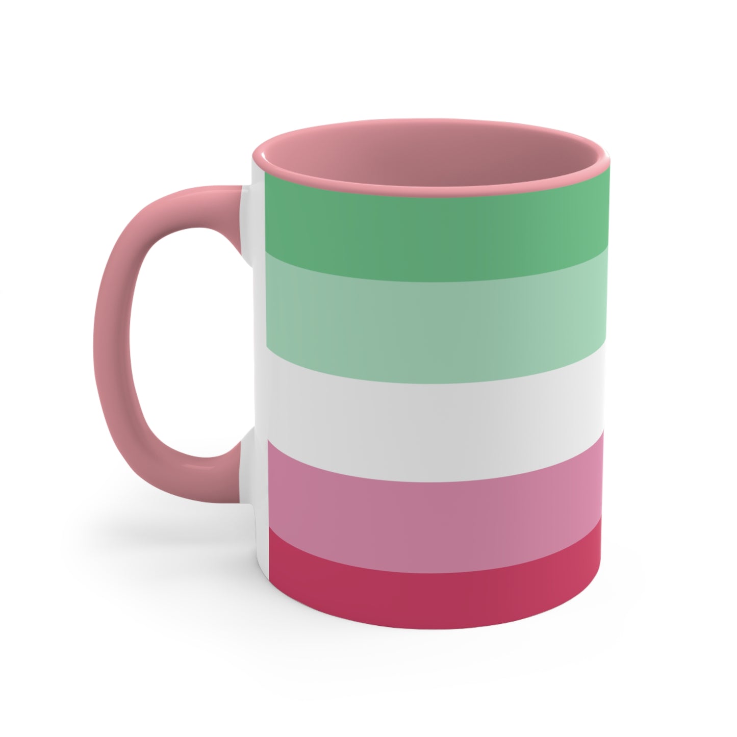 The Abro, Abroromantic, Abrosexual pride flag Accent Mug by Printify is a ceramic mug designed with horizontal stripes in green, light green, white, pink, and red to reflect the vibrant hues of the Abrosexual pride flag. It also features a pink handle and a colorful interior.