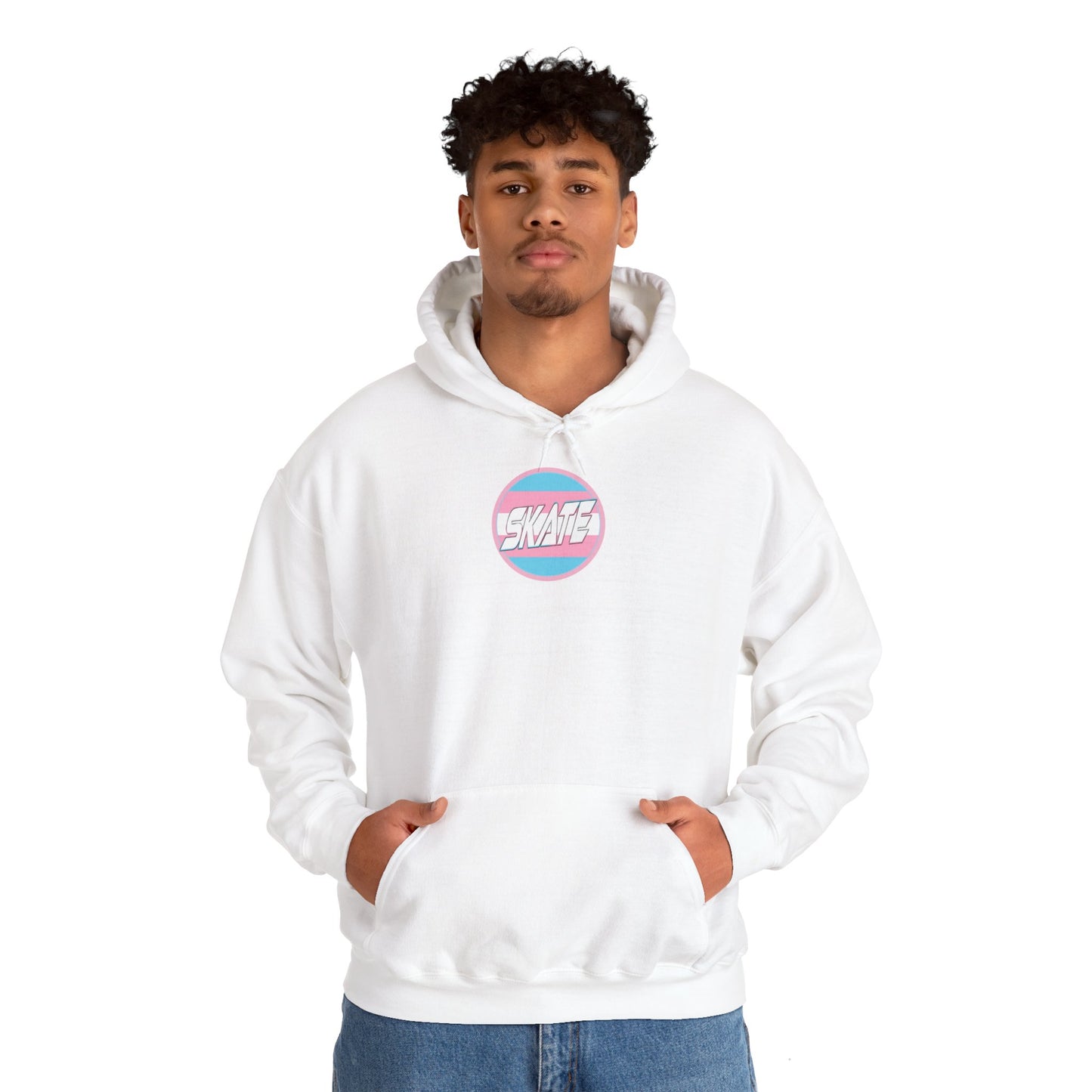 Add Custom Name - SKATE Trans Flag round logo Hoodie - Australian Shipping