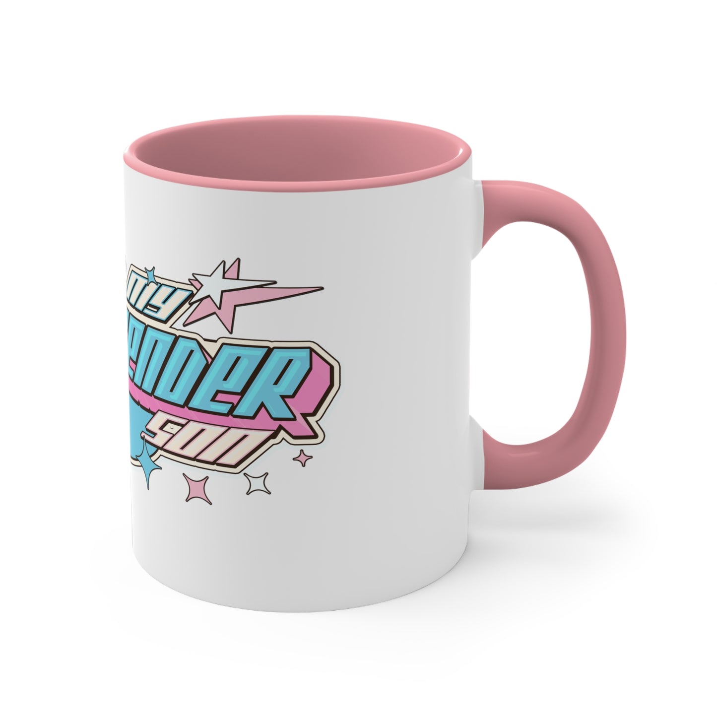 The vibrant I Love My Transgender Son original design accent mug from Printify features a colorful interior and showcases a retro-styled graphic with the phrase "Love My Transgender Self" in bold letters, surrounded by star shapes and a banner. The design incorporates pastel colors such as pink, turquoise, and blue.