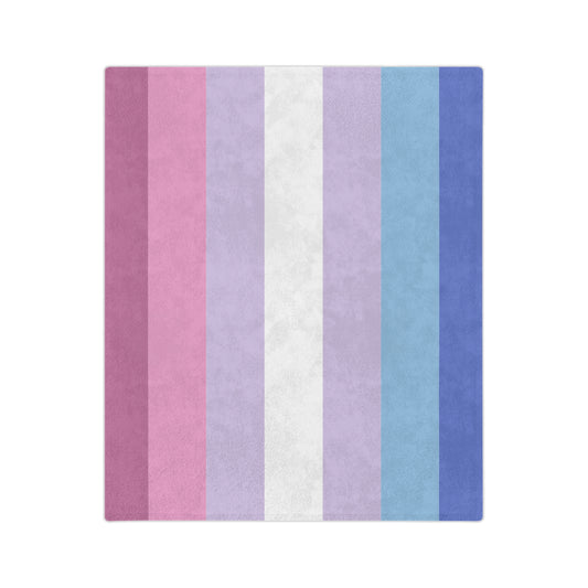 This Bigender Pride Flag Velveteen Microfiber Blanket, by Printify, features a design with nine vertical stripes in shades of dark pink, pink, light pink, light lavender, white, sky blue, light blue, and dark blue. The super-soft fleece material adds a cozy touch to this trans and queer-owned custom creation.