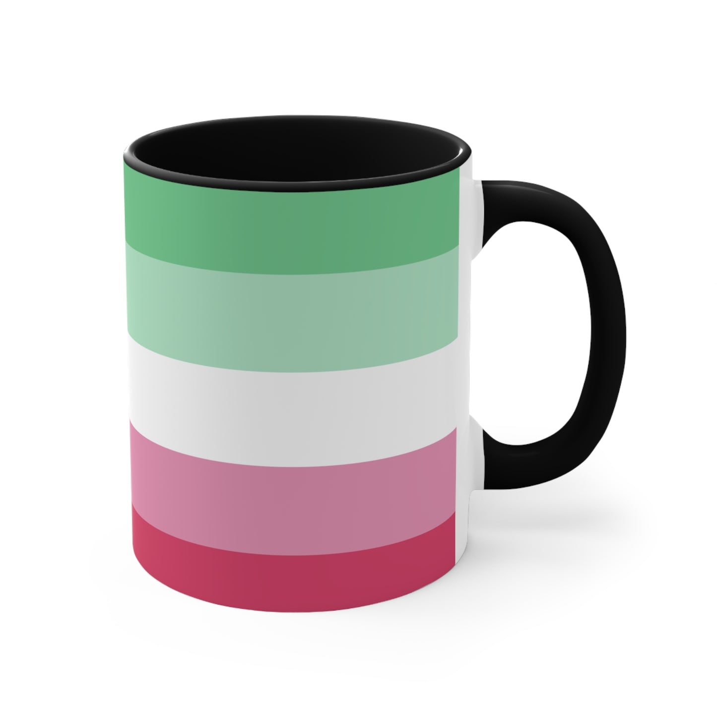 The Abro, Abroromantic, Abrosexual pride flag Accent Mug by Printify is a ceramic mug designed with horizontal stripes in green, light green, white, pink, and red to reflect the vibrant hues of the Abrosexual pride flag. It also features a pink handle and a colorful interior.