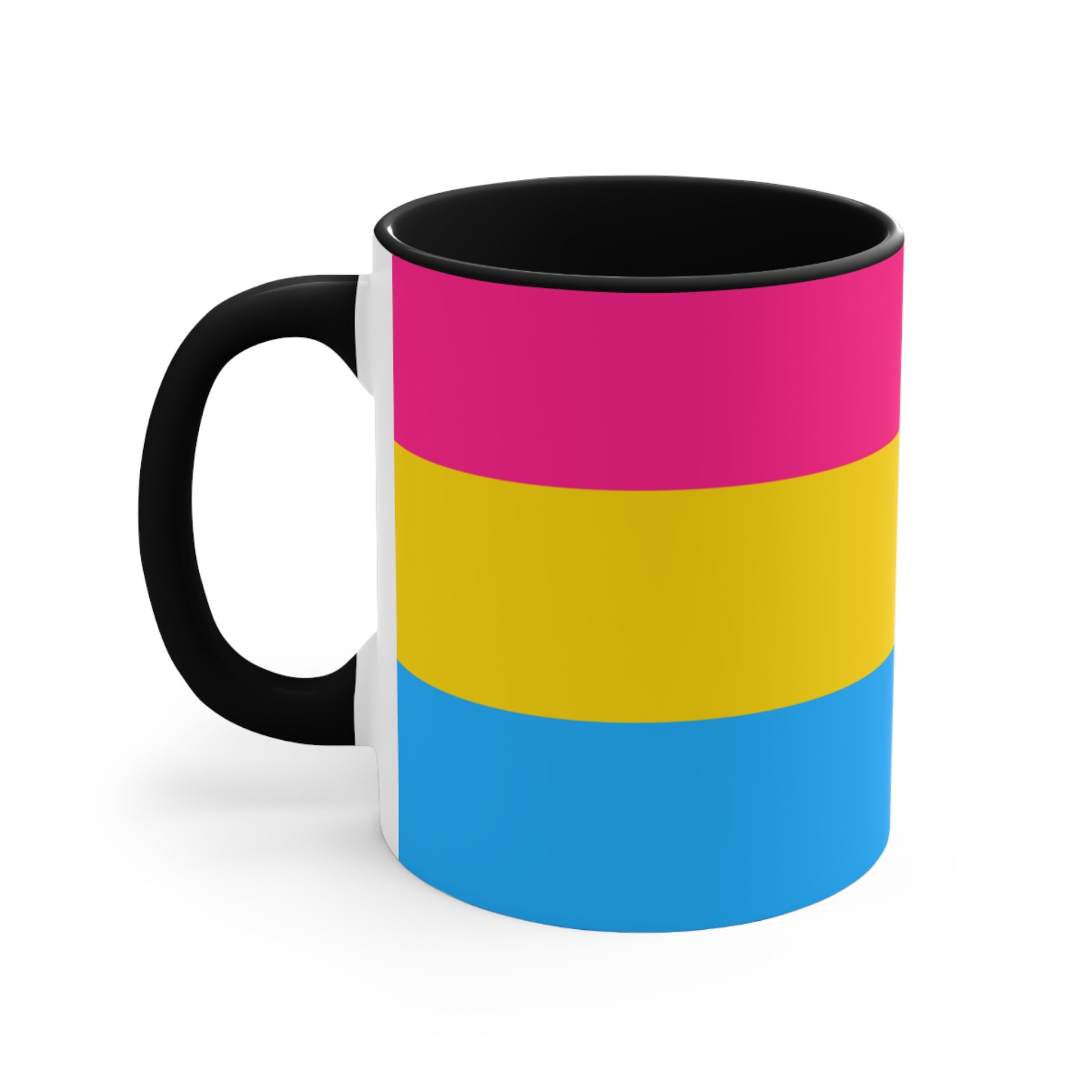 The Pansexual Pride Flag colourful accent mug from Printify features a ceramic design with a pink handle and colorful interior that showcases the colors of the pan pride flag: pink on top, yellow in the middle, and blue on the bottom.