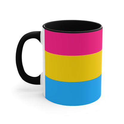 The Pansexual Pride Flag colourful accent mug from Printify features a ceramic design with a pink handle and colorful interior that showcases the colors of the pan pride flag: pink on top, yellow in the middle, and blue on the bottom.