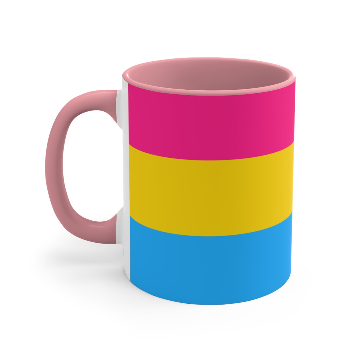 The Pansexual Pride Flag colourful accent mug from Printify features a ceramic design with a pink handle and colorful interior that showcases the colors of the pan pride flag: pink on top, yellow in the middle, and blue on the bottom.