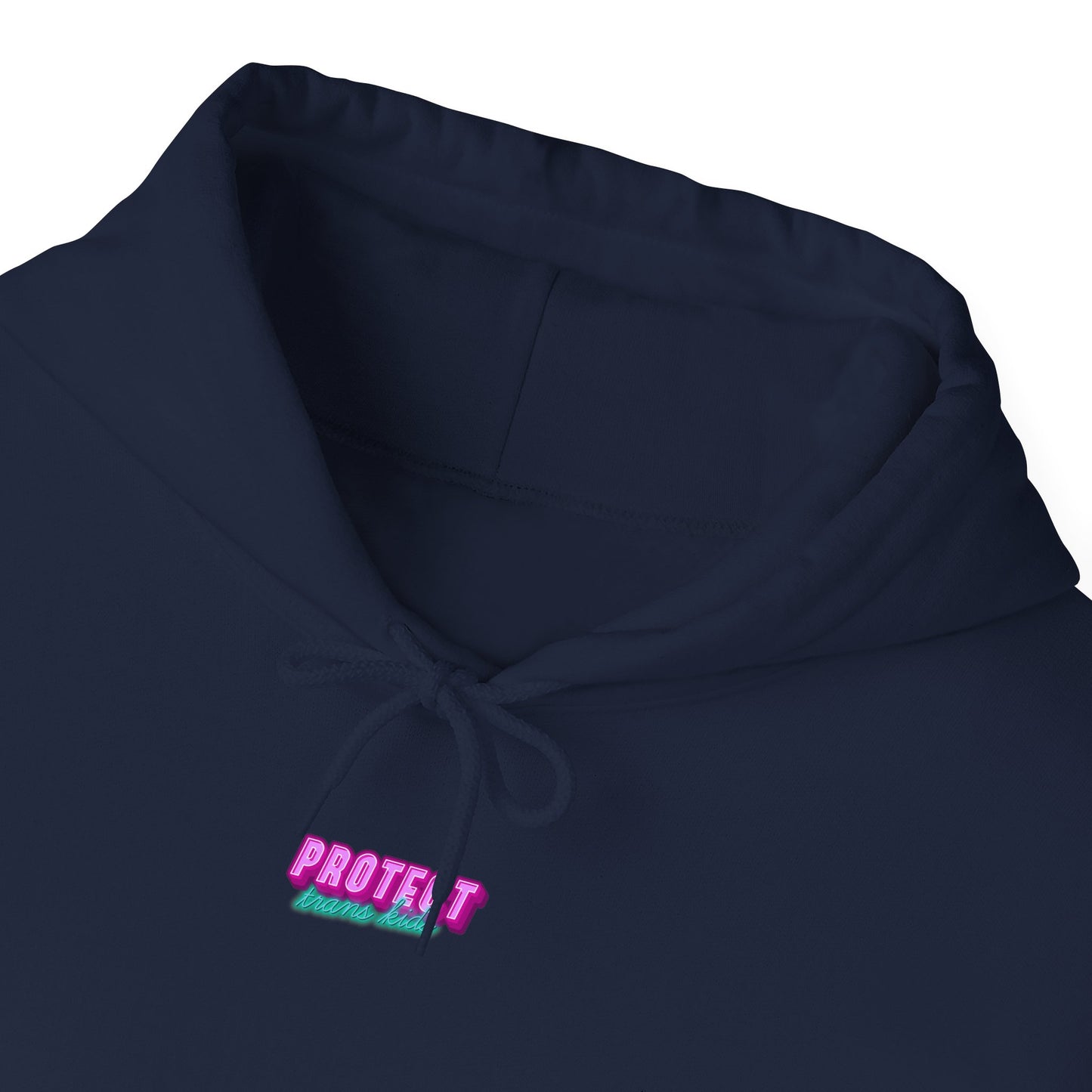 The Protect Trans Kids Hoodie - Australian Shipping is a dark blue, ethically grown cotton hoodie with drawstrings and "PROTECT trans kids" embroidered in pink and blue fonts. It's a unisex design, perfect for anyone wanting to make a statement while staying comfortable and stylish.