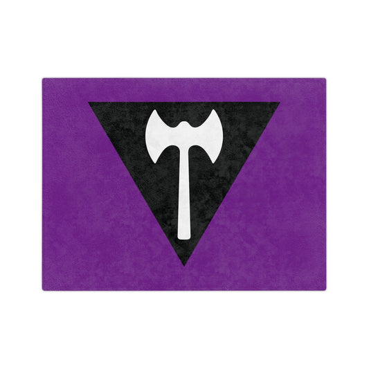 The Printify Minky Blanket Labrys Lesbian Pride Flag, made of velveteen microfiber, features a purple rectangle with a black upside-down triangle and a white double-headed axe design.