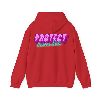 The "Protect Trans Kids Hoodie - Australian Shipping" is a striking red unisex sweatshirt featuring a vibrant, neon-style graphic on the back. "Protect" is in bright pink and "trans kids" in turquoise, crafted from ethically grown cotton to make a bold statement.