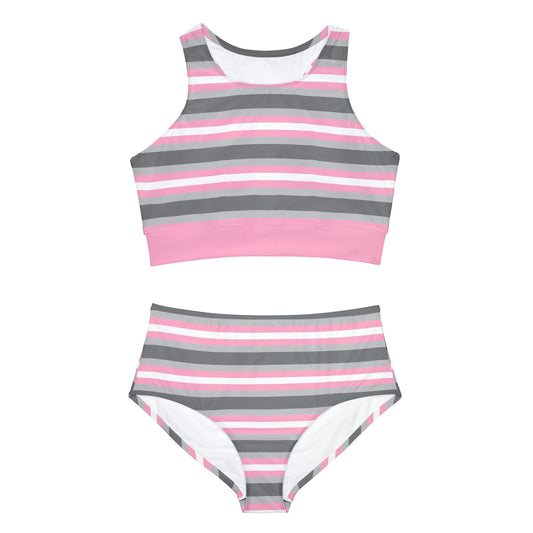 Introducing the Sporty Swim or Activewear Set in Demigirl Pride Flag. This two-piece swimsuit features a high-neck crop top and high-waisted bottoms, delivering full coverage and style. The set is designed with horizontal stripes in pink, gray, and white, complemented by a solid pink band at the bottom of the top. Crafted from 4-way stretch fabric for maximum comfort and flexibility. Perfect for pride festivals, pole dance and roller derby.
