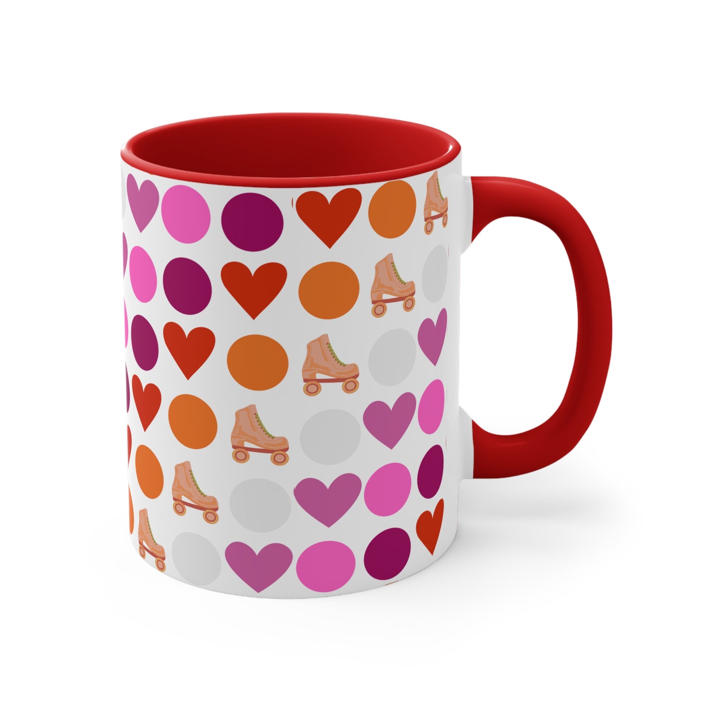 The Subtle Lesbian Pride + Roller Skate Colourful Accent Mug by Printify is a white ceramic mug featuring a red handle and a vibrant interior. It is adorned with a playful pattern of hearts, circles, and roller skates in an array of colors, including pink, purple, orange, and red.