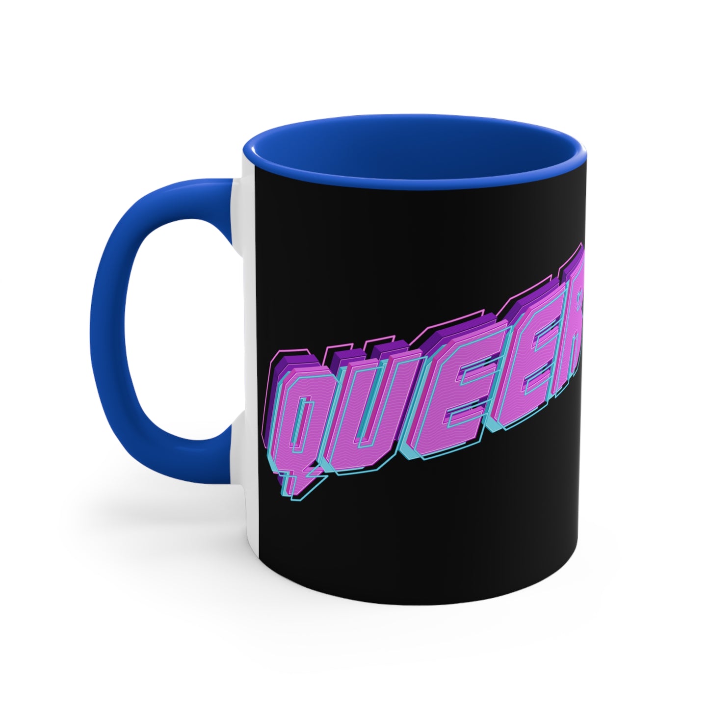 Introducing the "QUEER vibrant neon text - colourful accent mug" by Printify: a striking black mug with "QUEER" boldly displayed in vibrant neon purple and blue 3D letters, set against the dark background. The captivating design features partially visible text on the left side due to the angle of the image.