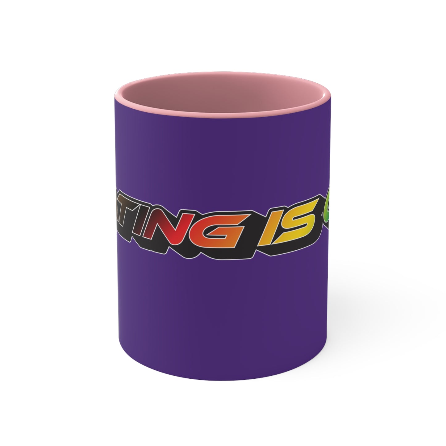 Displayed is the SKATING IS GAY rainbow gradient accent mug by Printify. This eye-catching mug features a purple exterior and a colorful interior, with the text "SKATING IS GAY" displayed in gradient colors of red, orange, yellow, and green. The dynamic design is enhanced by its shadowed font style.