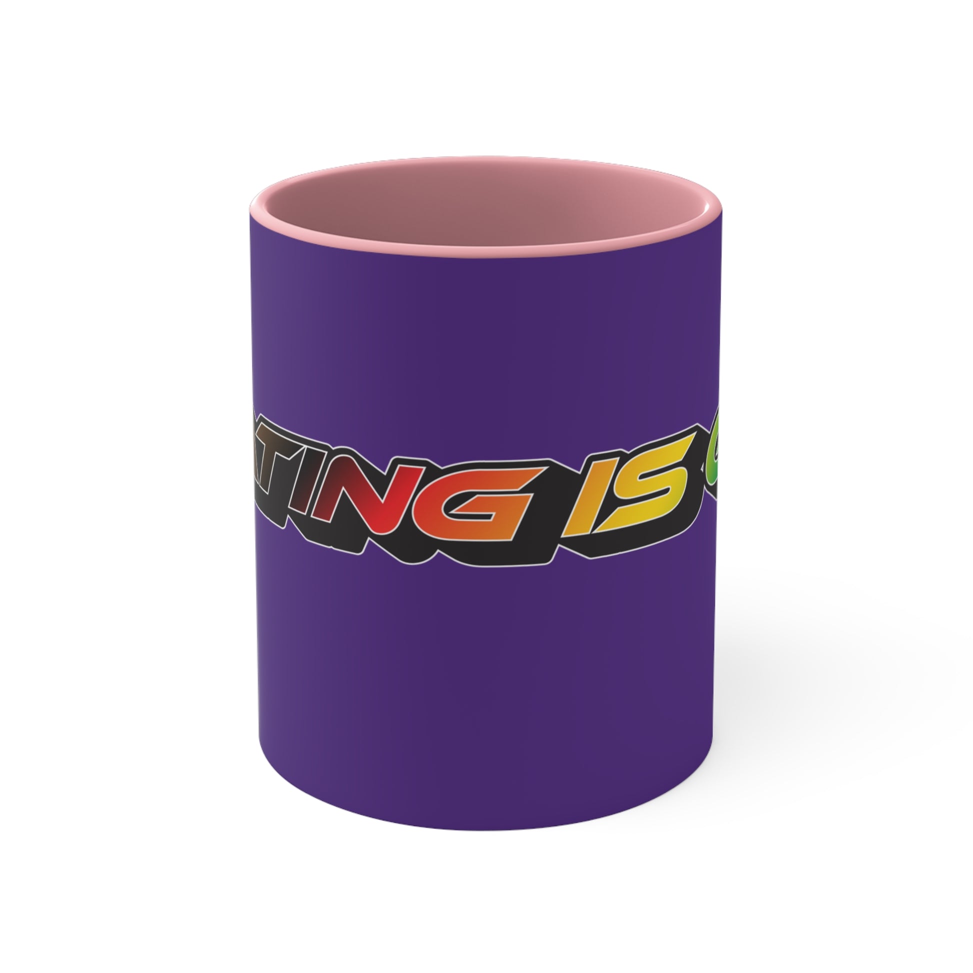 Displayed is the SKATING IS GAY rainbow gradient accent mug by Printify. This eye-catching mug features a purple exterior and a colorful interior, with the text "SKATING IS GAY" displayed in gradient colors of red, orange, yellow, and green. The dynamic design is enhanced by its shadowed font style.