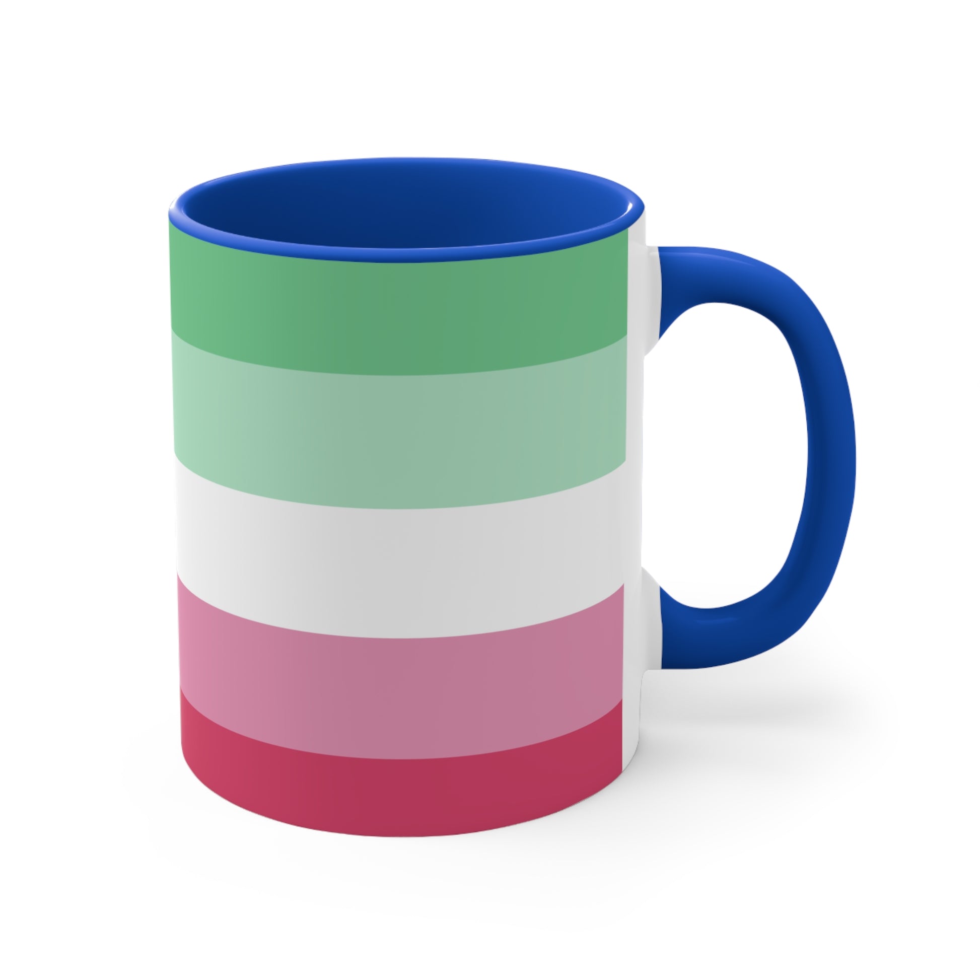 The Abro, Abroromantic, Abrosexual pride flag Accent Mug by Printify is a ceramic mug designed with horizontal stripes in green, light green, white, pink, and red to reflect the vibrant hues of the Abrosexual pride flag. It also features a pink handle and a colorful interior.