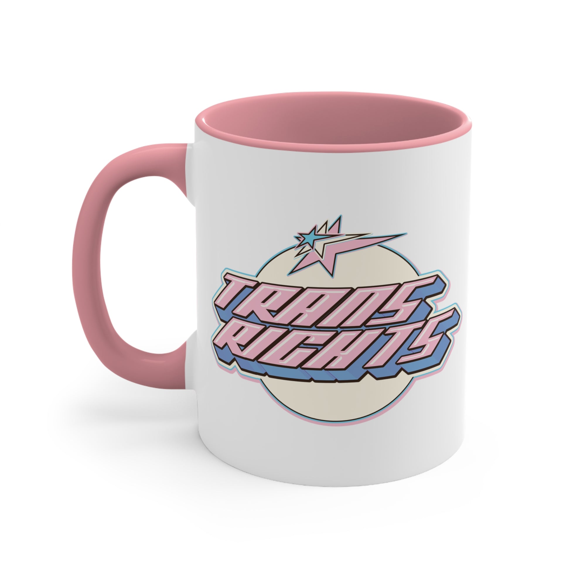 The Trans Rights colorful accent mug by Printify showcases a white coffee mug with a pink handle and vibrant interior, featuring the bold, retro-style text "TRANS RIGHTS" against a circular, off-white background. Above the text is a stylized star with dynamic lines that reflect the colors of the transgender pride flag, creating an energetic sense of movement.