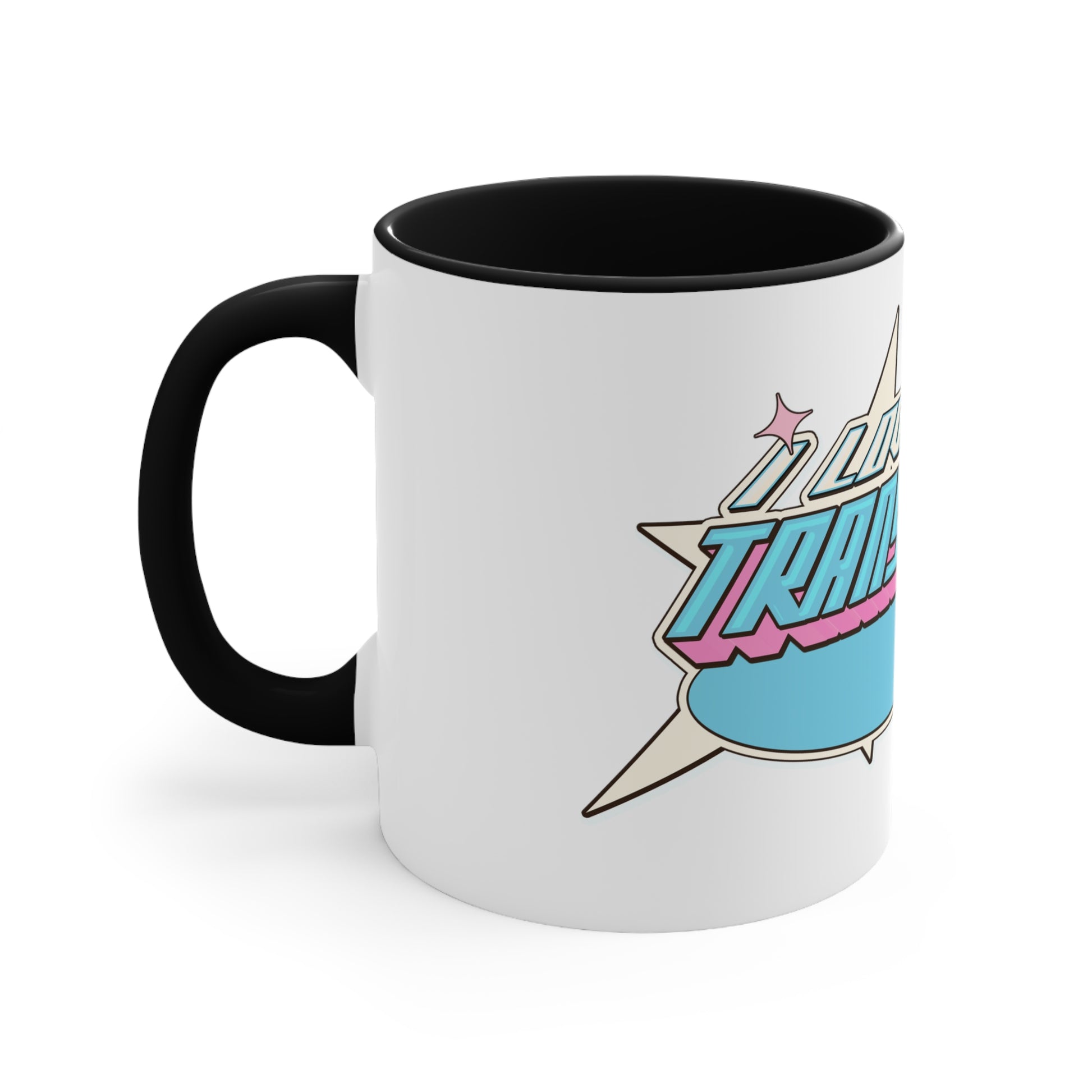 Introducing the "I Love My Transgender Father original design accent mug" by Printify, a white ceramic mug featuring a colorful blue interior. The mug showcases retro-style text in blue and pink that reads "I love my transgender father," surrounded by small stars and a large starburst background.